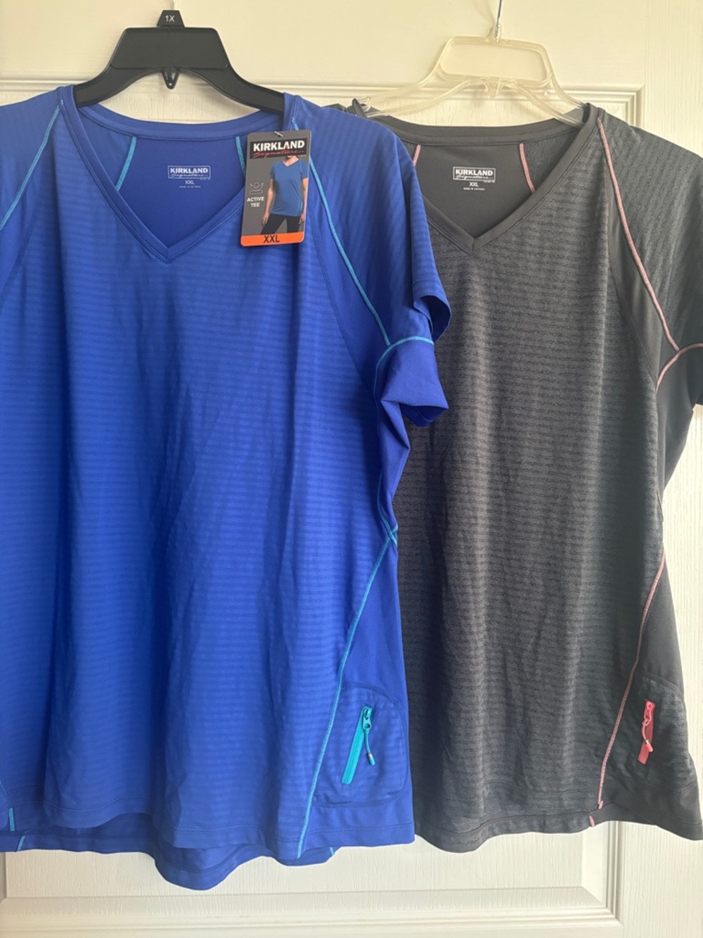 2 Kirkland Signature Short Sleeve V-Neck Tees in Blue and Charcoal